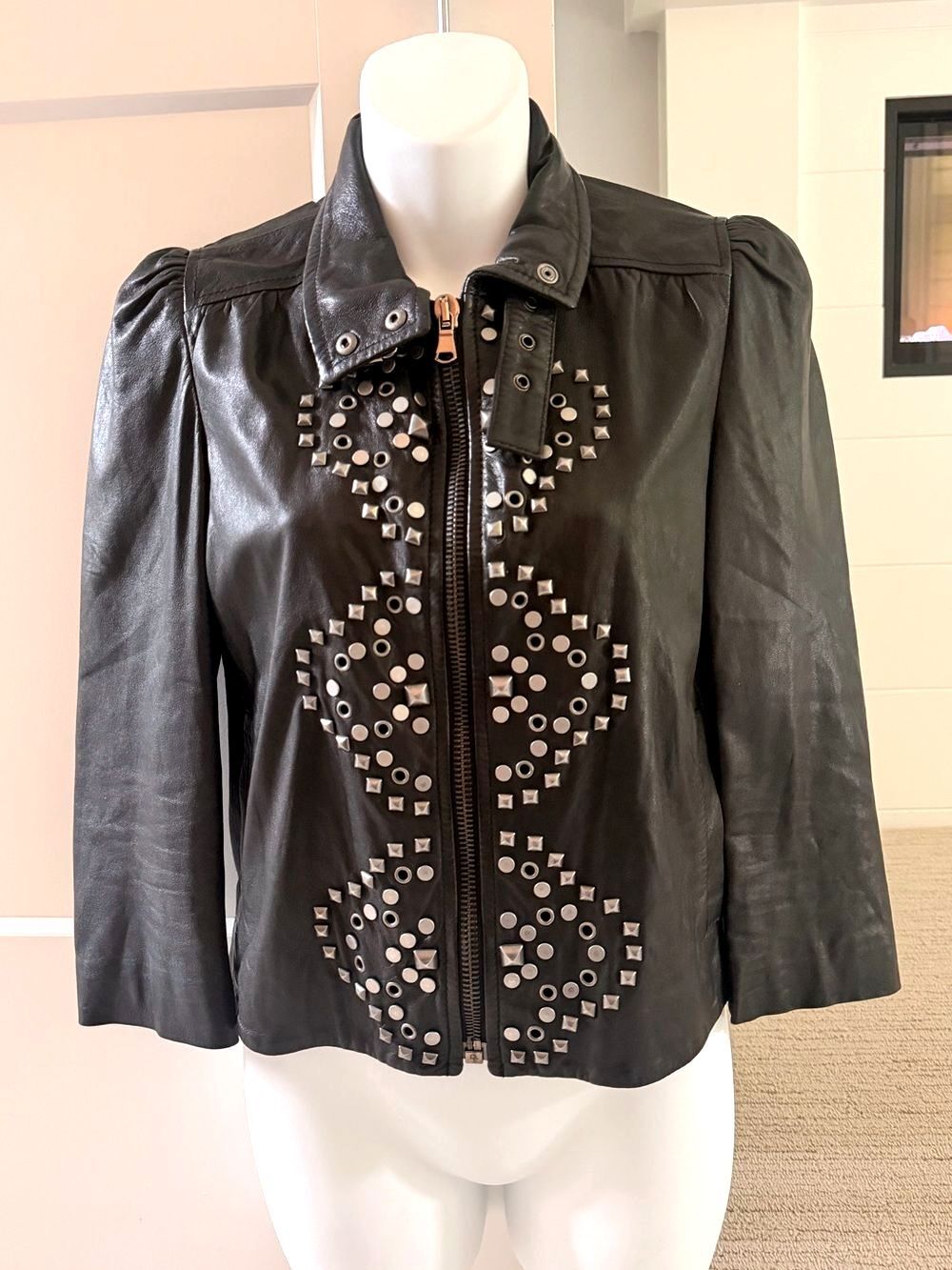 RED VALENTINO Gorgeous Studded Leather Puff Sleeve Pleated Bag Jacket S RARE!!